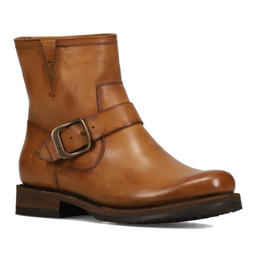 Frye Tan Leather Harness Ankle Boots